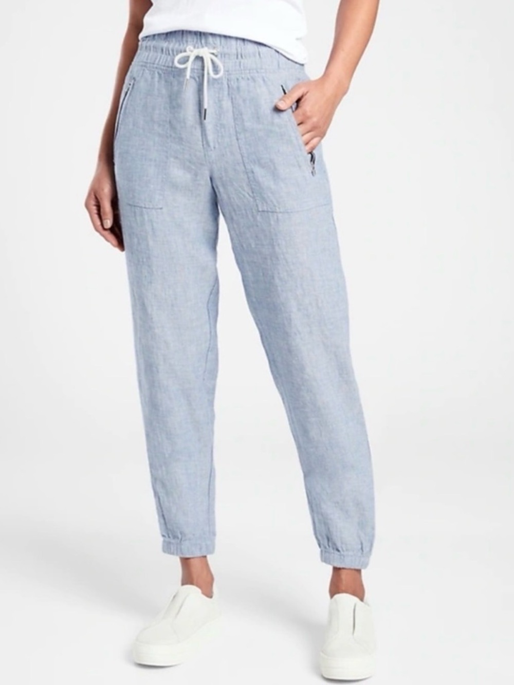 Athleta Cabo Drawstring 100% Linen Joggers in Chambray Blue Size 6